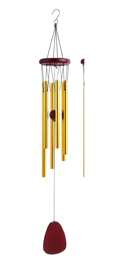 Gold wind chime with red wood accents
